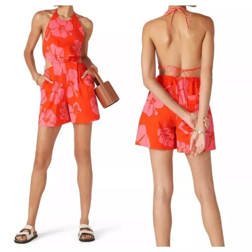 Staud Red Tropical Print Georgia Open Back Halter Summer Beach Romper 2